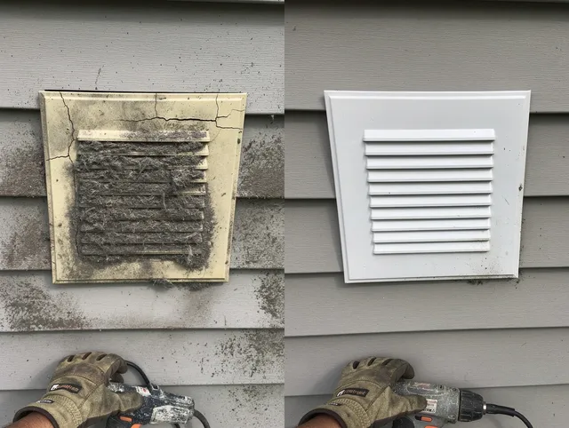Waterbury Dryer Vent Cleaning technician installing high-quality dryer vent cover at a residential property in Waterbury