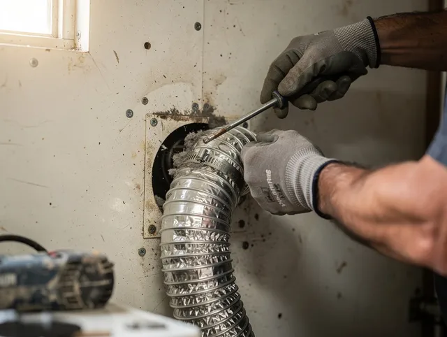 Waterbury Dryer Vent Cleaning technician performing precise dryer vent hose installation in Waterbury